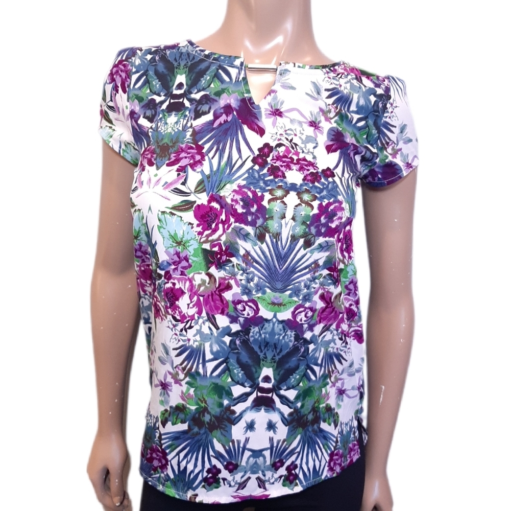 Rickis Tropical Floral Short Sleeve Blouse Cutout Metal Bar Summer Top Size 0
